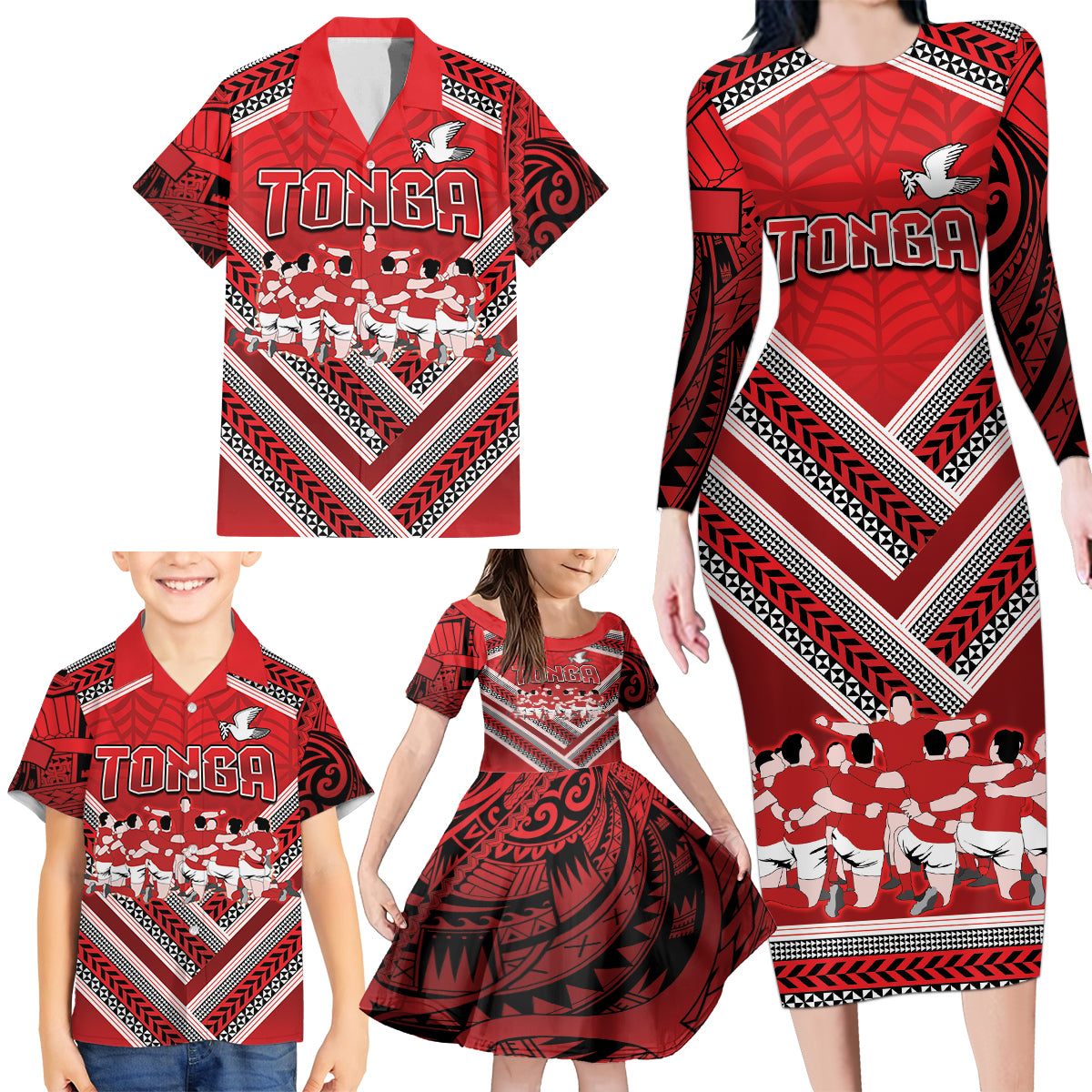 Custom Tonga Rugby Family Matching Long Sleeve Bodycon Dress and Hawaiian Shirt Tonga Sipi Tau Ngatu Tribal Pattern