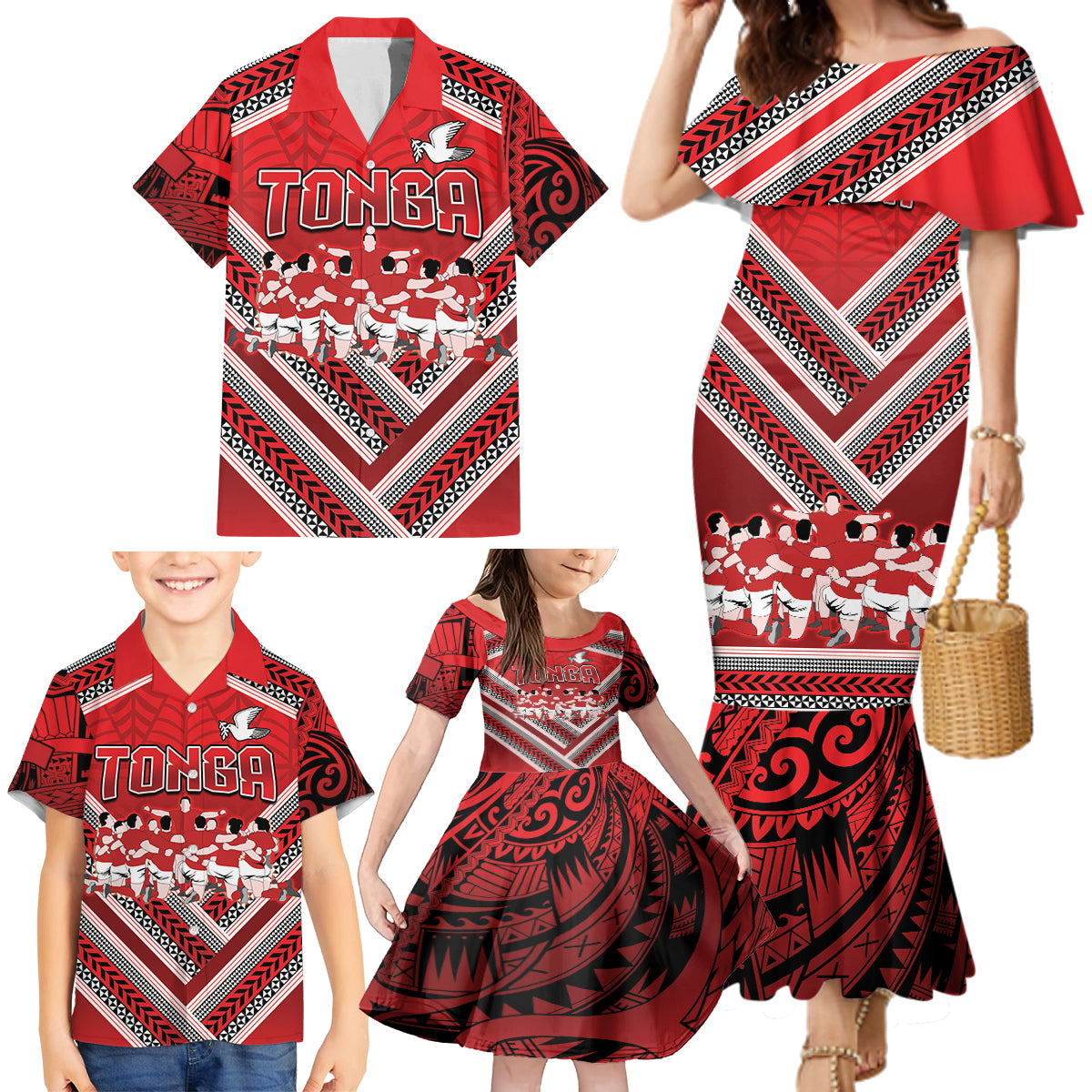 Custom Tonga Rugby Family Matching Mermaid Dress and Hawaiian Shirt Tonga Sipi Tau Ngatu Tribal Pattern