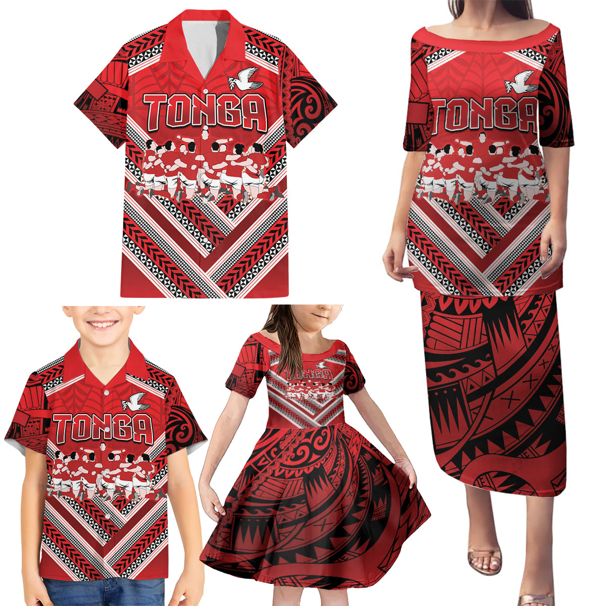 Custom Tonga Rugby Family Matching Puletasi and Hawaiian Shirt Tonga Sipi Tau Ngatu Tribal Pattern