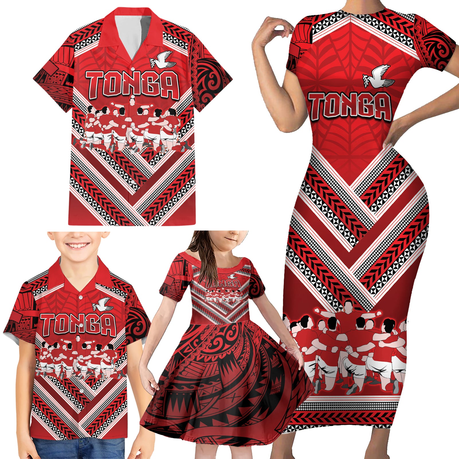 Custom Tonga Rugby Family Matching Short Sleeve Bodycon Dress and Hawaiian Shirt Tonga Sipi Tau Ngatu Tribal Pattern