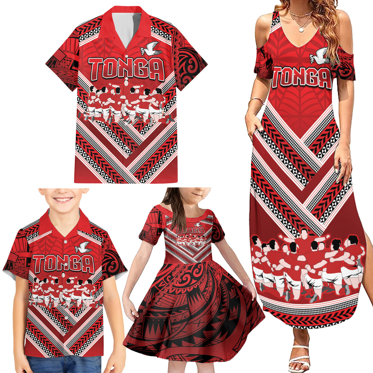 Custom Tonga Rugby Family Matching Summer Maxi Dress and Hawaiian Shirt Tonga Sipi Tau Ngatu Tribal Pattern