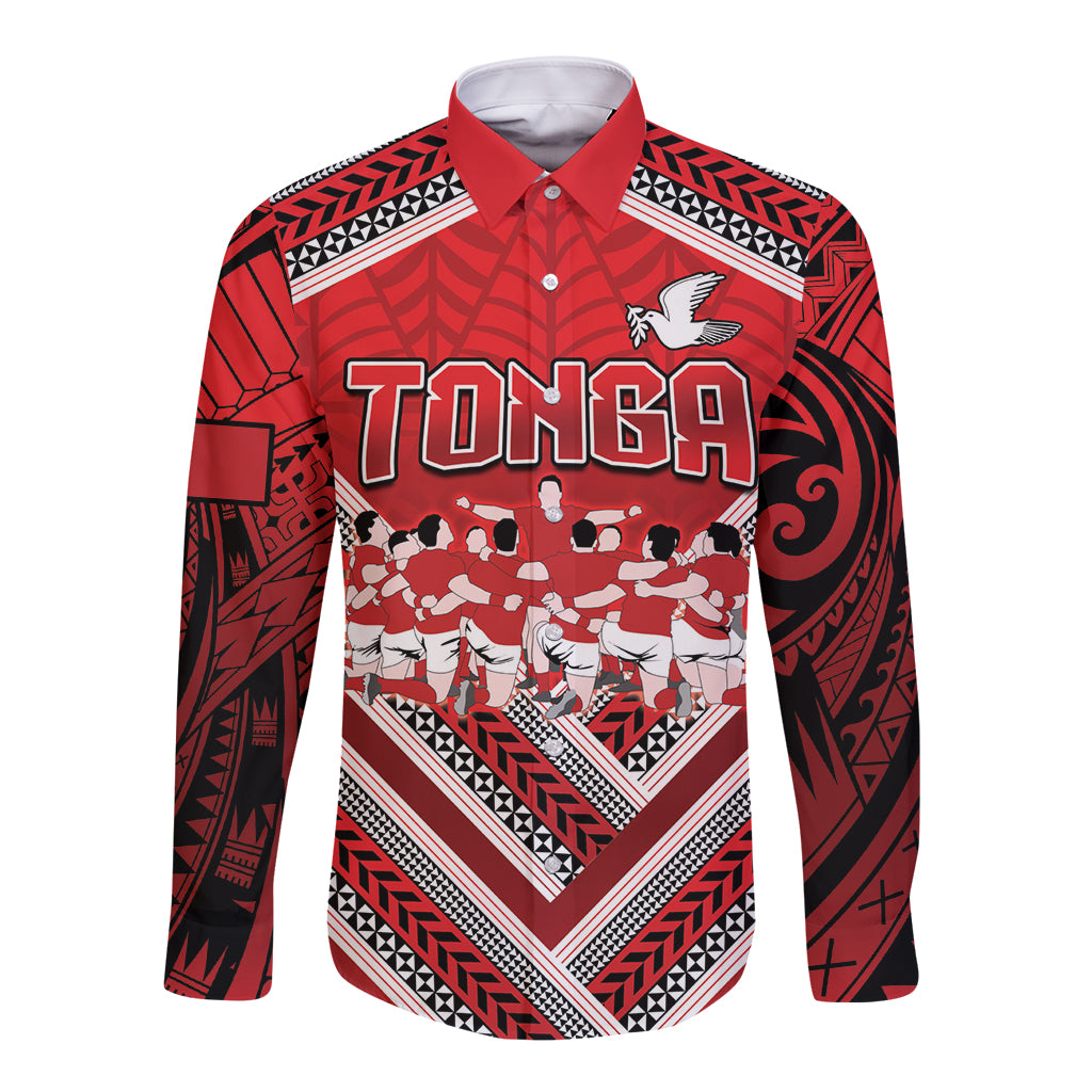 Custom Tonga Rugby Long Sleeve Button Shirt Tonga Sipi Tau Ngatu Tribal Pattern