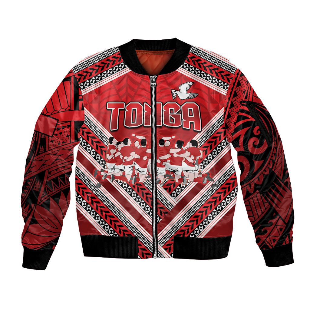 Custom Tonga Rugby Sleeve Zip Bomber Jacket Tonga Sipi Tau Ngatu Tribal Pattern