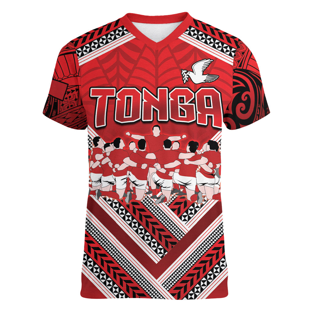 Custom Tonga Rugby Women V Neck T Shirt Tonga Sipi Tau Ngatu Tribal Pattern