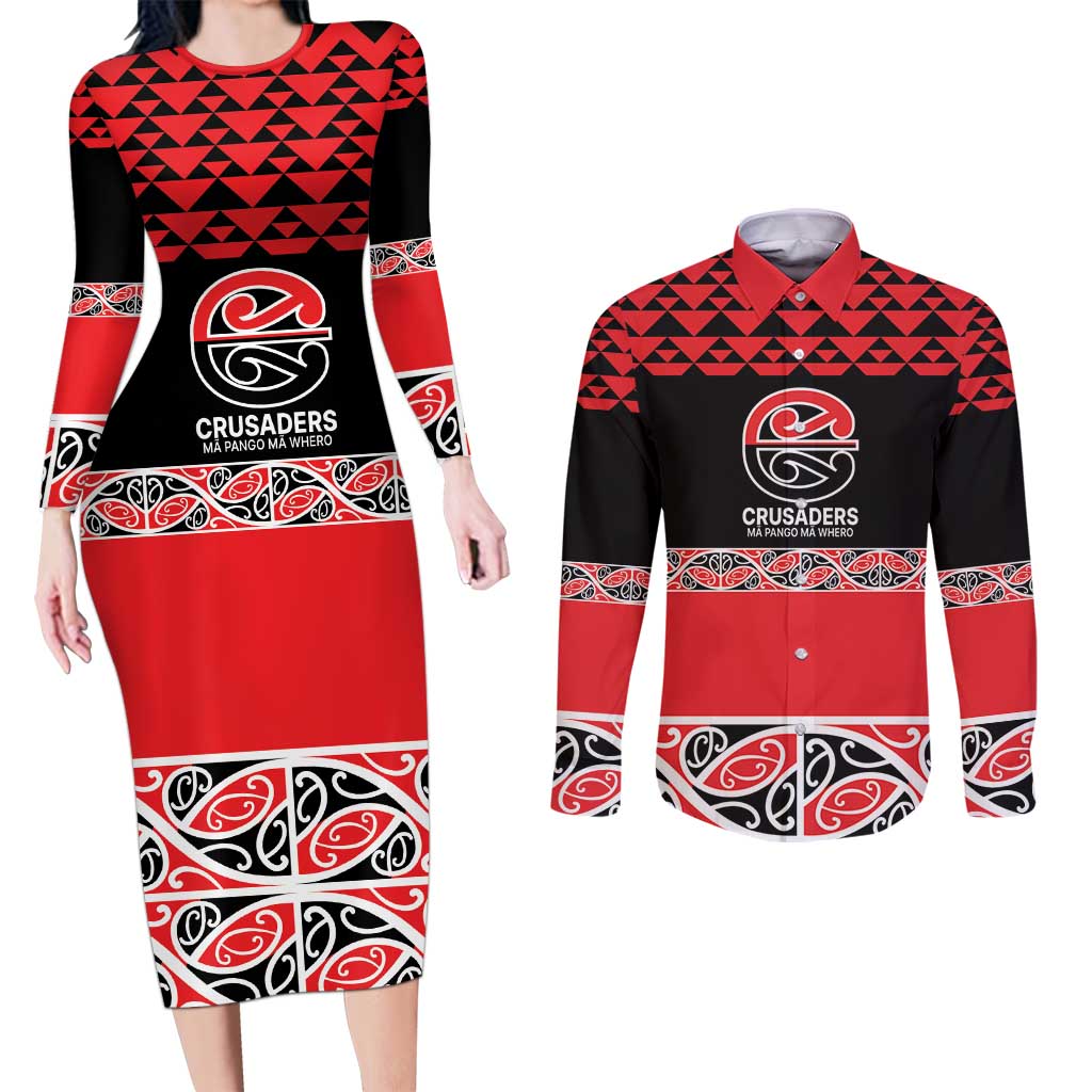 New Zealand Rugby Pacific Custom Couples Matching Long Sleeve Bodycon Dress and Long Sleeve Button Shirt Whatumoana Maori Kowhaiwhai Pattern