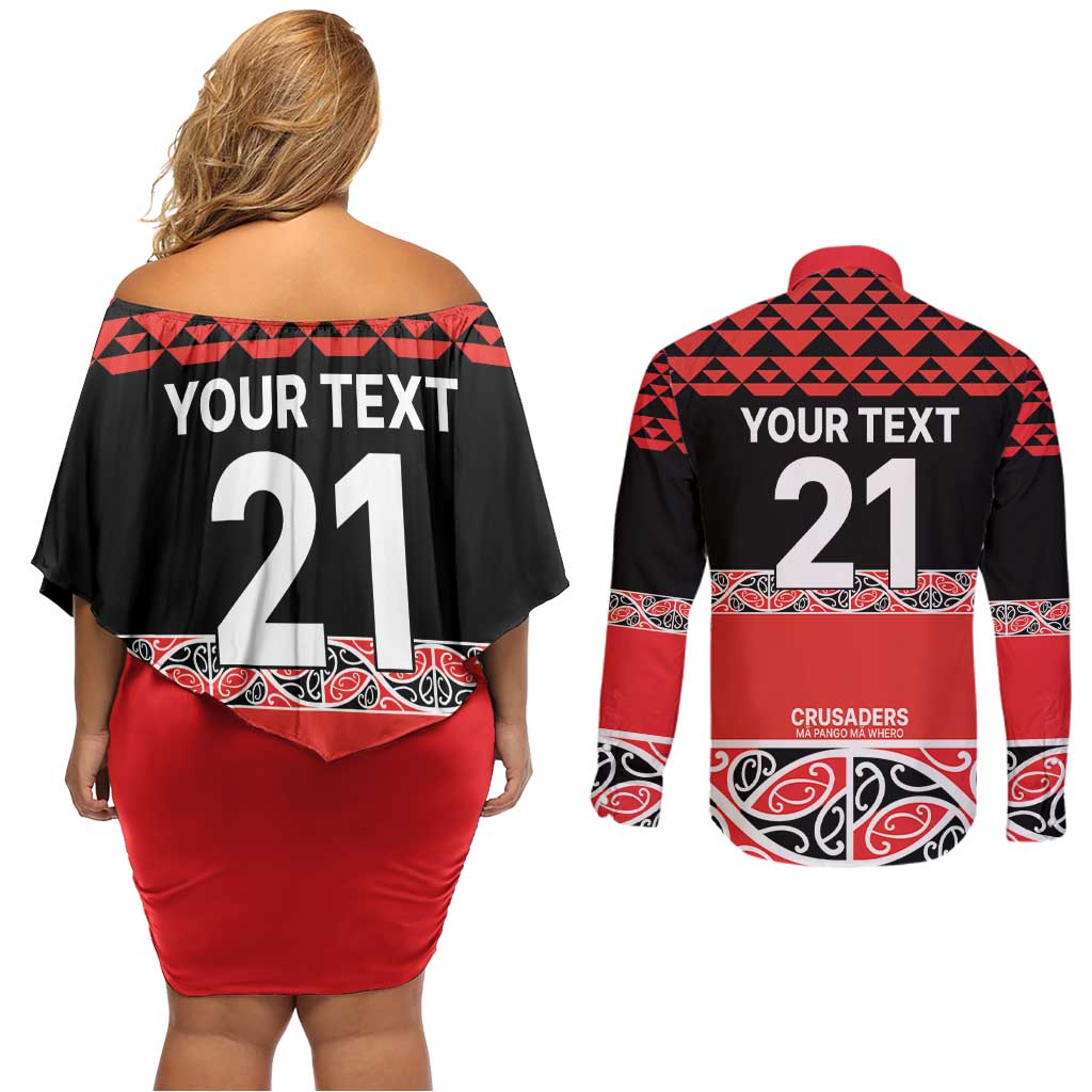 New Zealand Rugby Pacific Custom Couples Matching Off Shoulder Short Dress and Long Sleeve Button Shirt Whatumoana Maori Kowhaiwhai Pattern