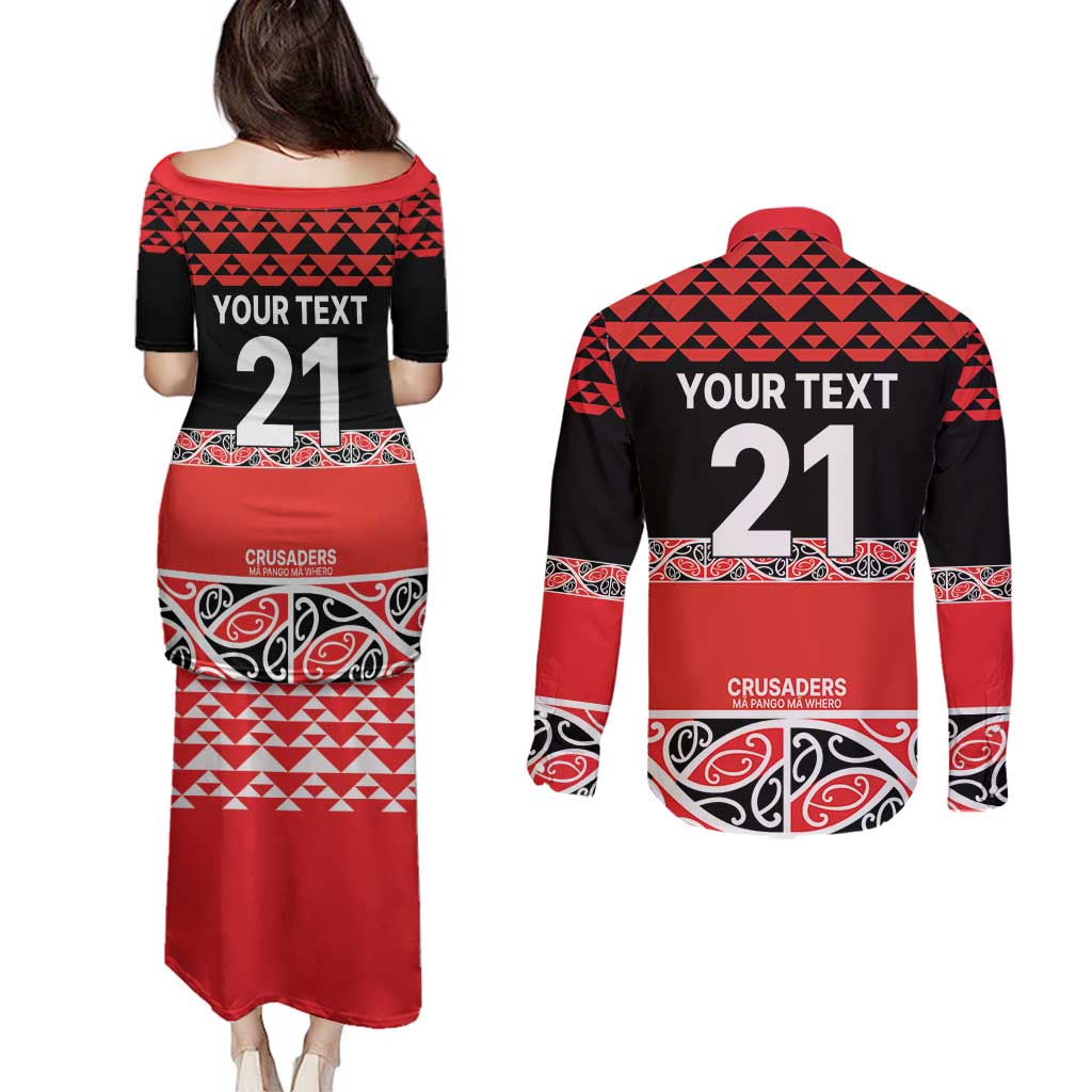 New Zealand Rugby Pacific Custom Couples Matching Puletasi and Long Sleeve Button Shirt Whatumoana Maori Kowhaiwhai Pattern