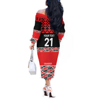 New Zealand Rugby Pacific Custom Off The Shoulder Long Sleeve Dress Whatumoana Maori Kowhaiwhai Pattern