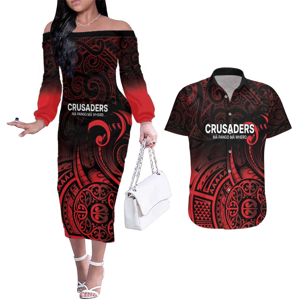 New Zealand Rugby Pacific Custom Couples Matching Off The Shoulder Long Sleeve Dress and Hawaiian Shirt Whatumoana Maori Tribal Tattoo LT9 Gold - Polynesian Pride