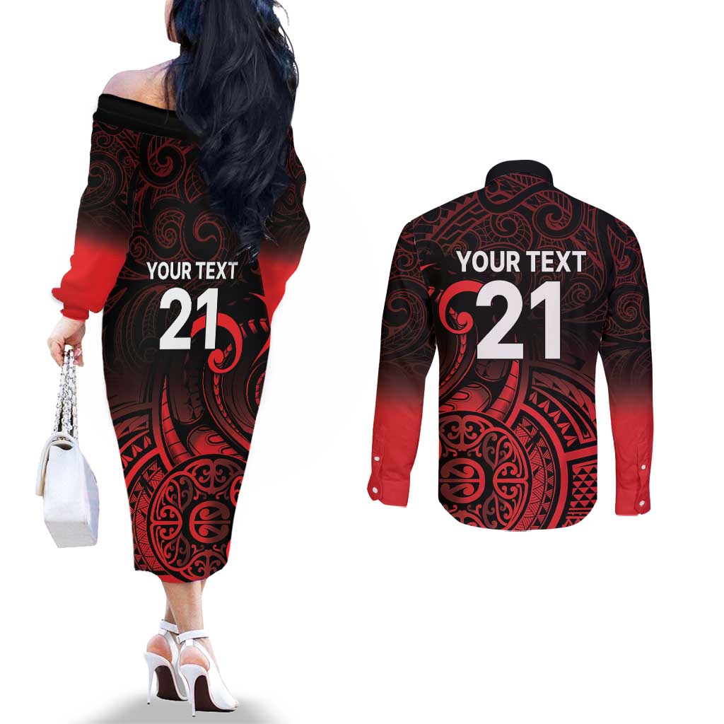New Zealand Rugby Pacific Custom Couples Matching Off The Shoulder Long Sleeve Dress and Long Sleeve Button Shirt Whatumoana Maori Tribal Tattoo