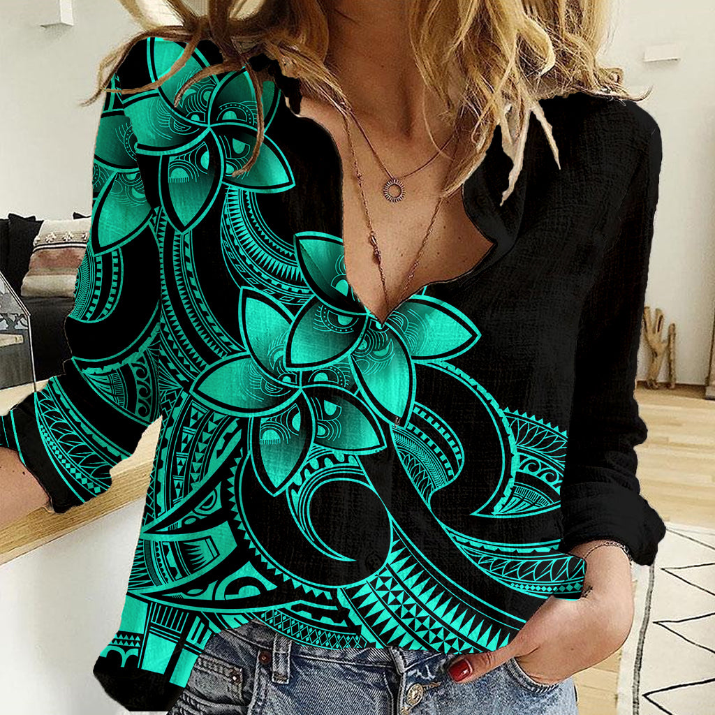 Polynesian Pride Plumeria Flowers Women Casual Shirt Polynesian Tribal Aqua Vibe LT9 Female Aqua - Polynesian Pride