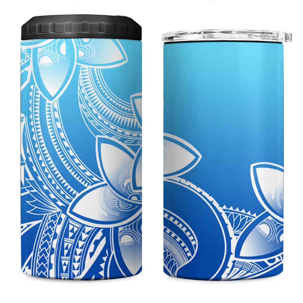 Polynesian Tribal Plumeria Flowers 4 in 1 Can Cooler Tumbler Gradient Blue Vibe