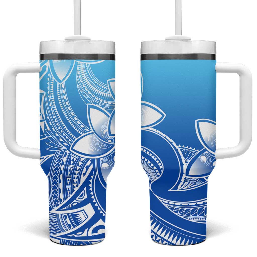 Polynesian Tribal Plumeria Flowers Tumbler With Handle Gradient Blue Vibe