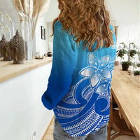 Polynesian Pride Plumeria Flowers Women Casual Shirt Polynesian Tribal Gradient Blue LT9 - Polynesian Pride