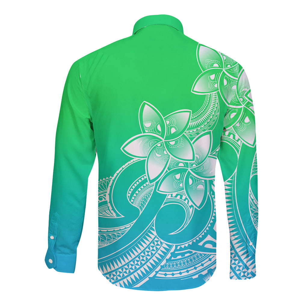 Polynesian Pride Plumeria Flowers Long Sleeve Button Shirt Polynesian Tribal Gradient Green LT9 - Polynesian Pride