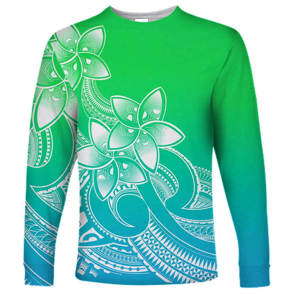 Polynesian Pride Plumeria Flowers Long Sleeve Shirt Polynesian Tribal Gradient Green LT9 Unisex Green - Polynesian Pride