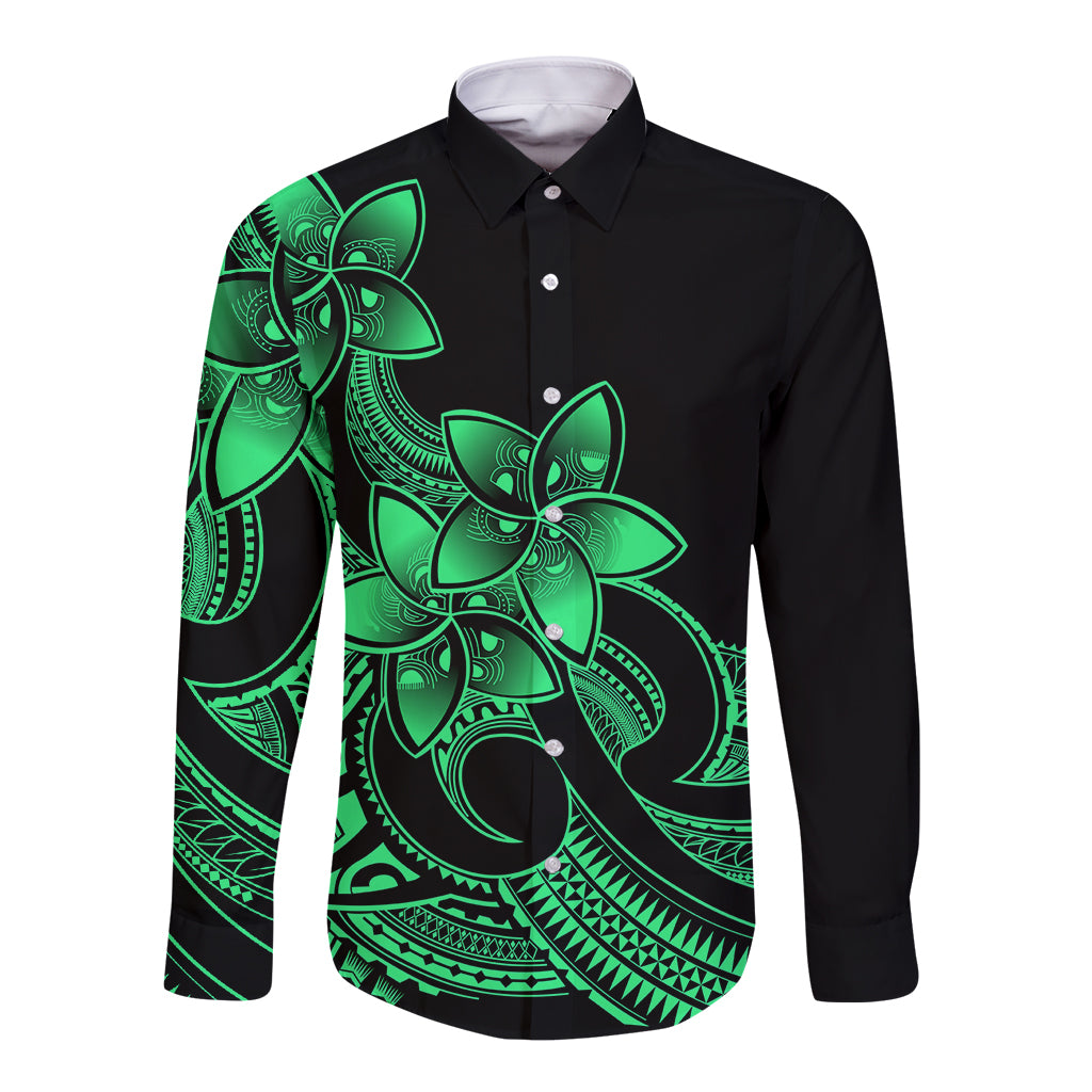 Polynesian Pride Plumeria Flowers Long Sleeve Button Shirt Polynesian Tribal Green Vibe LT9 Unisex Green - Polynesian Pride