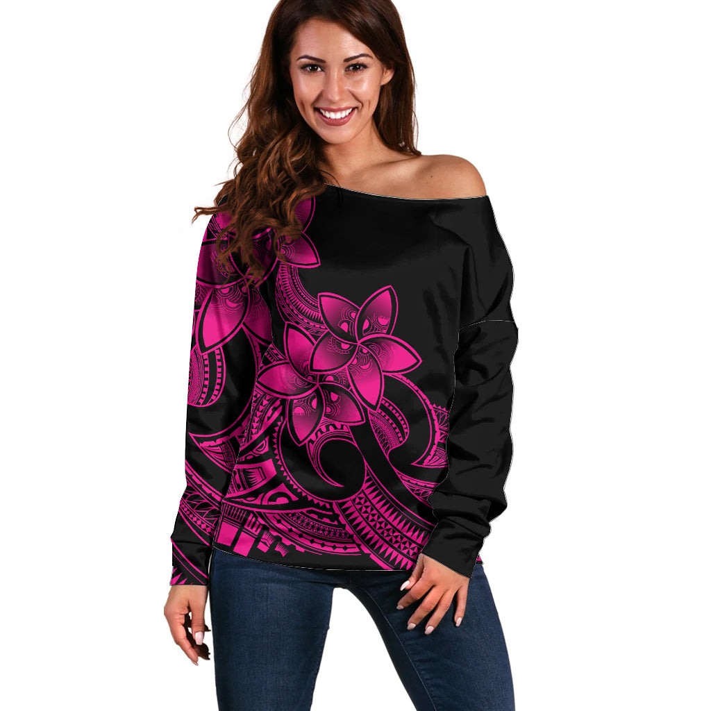 Polynesian Pride Plumeria Flowers Off Shoulder Sweater Polynesian Tribal Pink Vibe LT9 Women Pink - Polynesian Pride