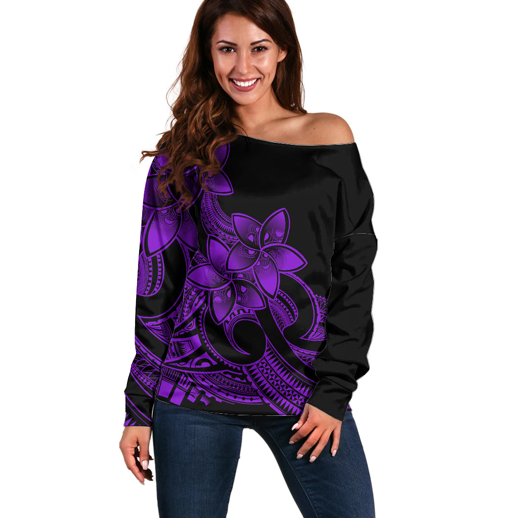 Polynesian Pride Plumeria Flowers Off Shoulder Sweater Polynesian Tribal Purple Vibe LT9 Women Purple - Polynesian Pride