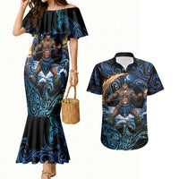 Samoa Siva Afi Couples Matching Mermaid Dress and Hawaiian Shirt Fireknife Fire Dance Pacific Tribal Motif LT9 Blue - Polynesian Pride
