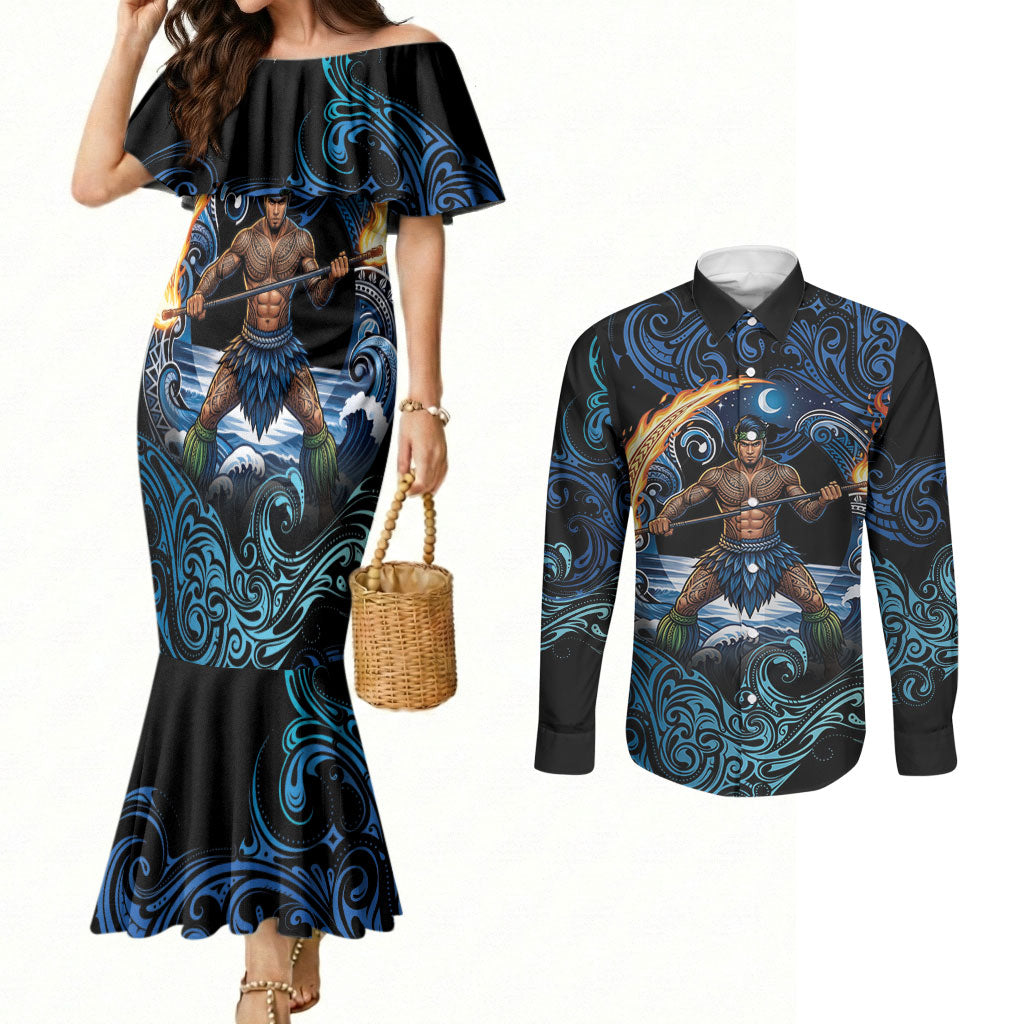 Samoa Siva Afi Couples Matching Mermaid Dress and Long Sleeve Button Shirt Fireknife Fire Dance Pacific Tribal Motif