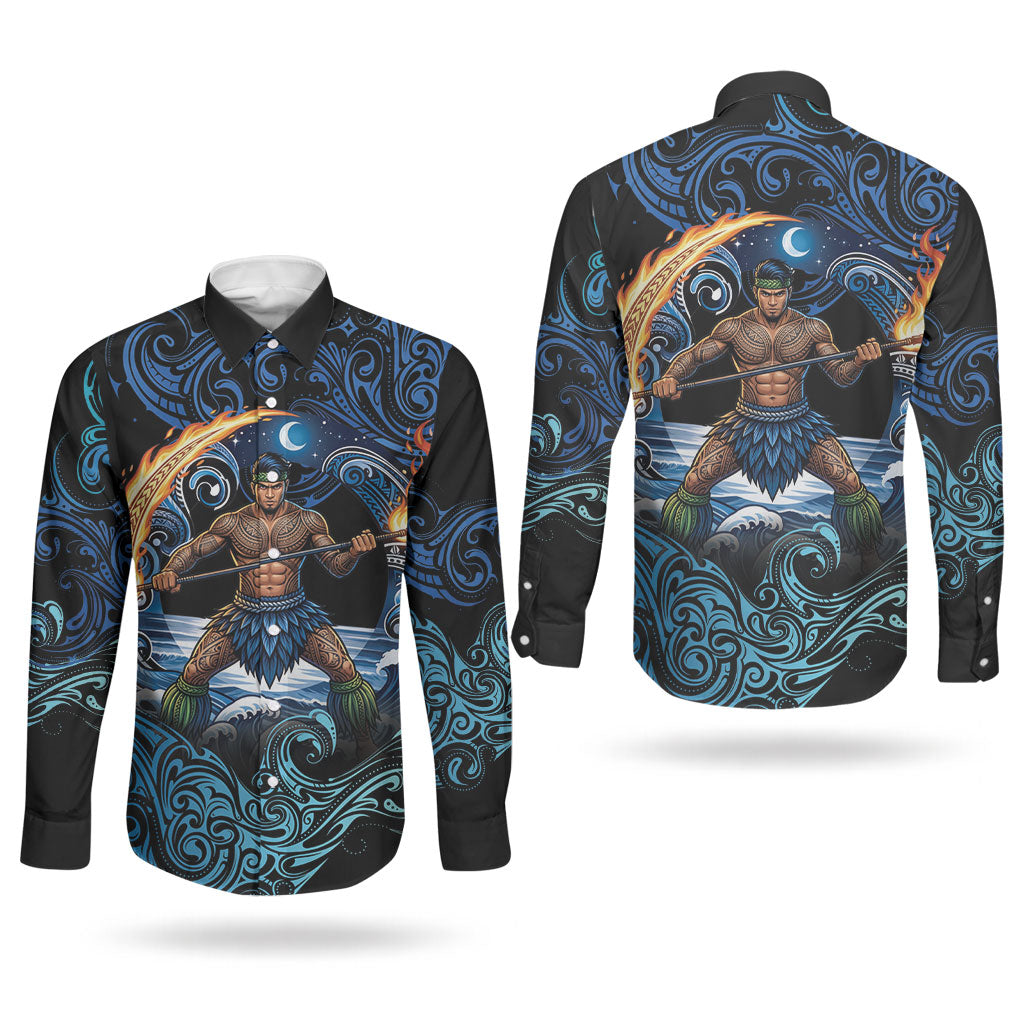 Samoa Siva Afi Couples Matching Off Shoulder Maxi Dress and Long Sleeve Button Shirt Fireknife Fire Dance Pacific Tribal Motif