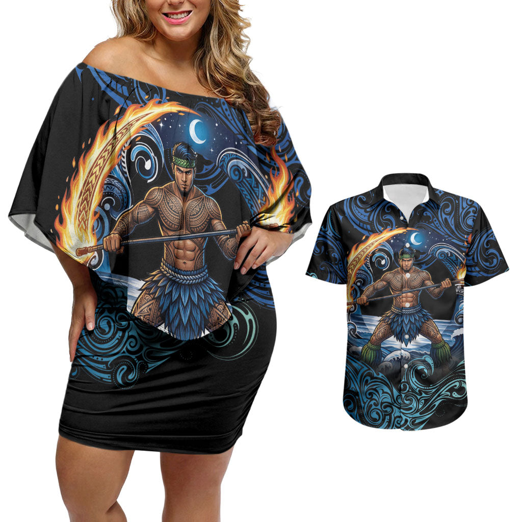 Samoa Siva Afi Couples Matching Off Shoulder Short Dress and Hawaiian Shirt Fireknife Fire Dance Pacific Tribal Motif