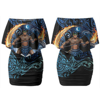 Samoa Siva Afi Couples Matching Off Shoulder Short Dress and Long Sleeve Button Shirt Fireknife Fire Dance Pacific Tribal Motif