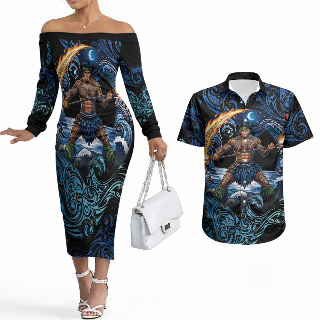 Samoa Siva Afi Couples Matching Off The Shoulder Long Sleeve Dress and Hawaiian Shirt Fireknife Fire Dance Pacific Tribal Motif