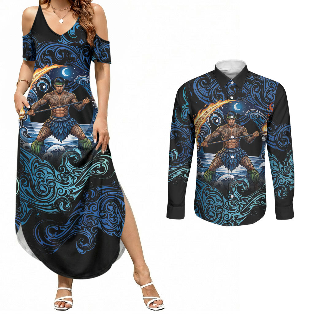 Samoa Siva Afi Couples Matching Summer Maxi Dress and Long Sleeve Button Shirt Fireknife Fire Dance Pacific Tribal Motif