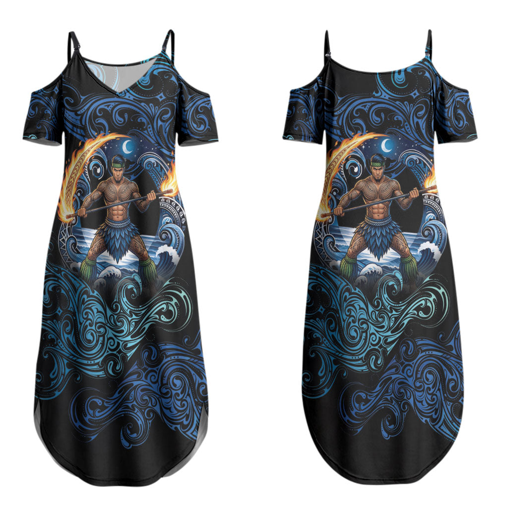 Samoa Siva Afi Couples Matching Summer Maxi Dress and Long Sleeve Button Shirt Fireknife Fire Dance Pacific Tribal Motif