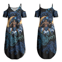 Samoa Siva Afi Couples Matching Summer Maxi Dress and Long Sleeve Button Shirt Fireknife Fire Dance Pacific Tribal Motif