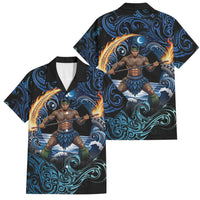 Samoa Siva Afi Family Matching Off The Shoulder Long Sleeve Dress and Hawaiian Shirt Fireknife Fire Dance Pacific Tribal Motif