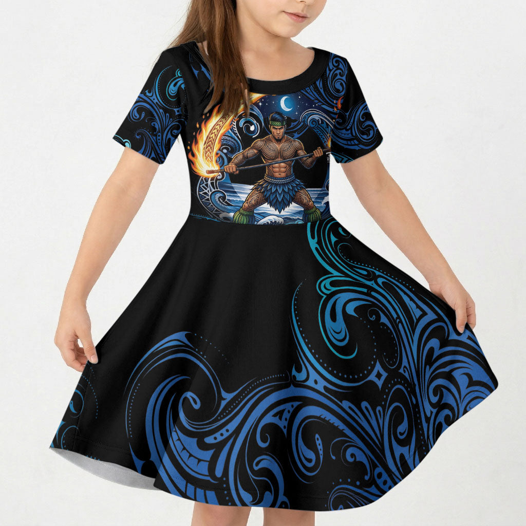 Samoa Siva Afi Kid Short Sleeve Dress Fireknife Fire Dance Pacific Tribal Motif