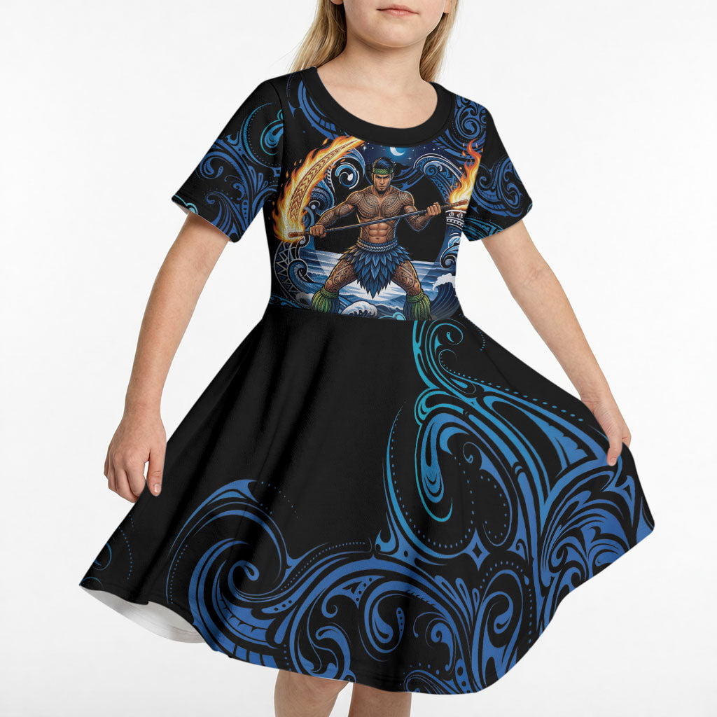 Samoa Siva Afi Kid Short Sleeve Dress Fireknife Fire Dance Pacific Tribal Motif