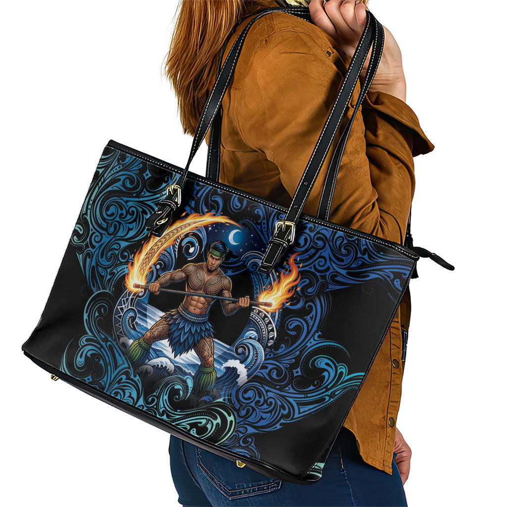 Samoa Siva Afi Leather Tote Bag Fireknife Fire Dance Pacific Tribal Motif
