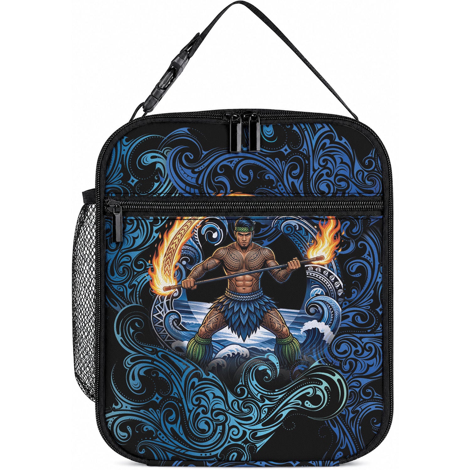 Samoa Siva Afi Lunch Bag Fireknife Fire Dance Pacific Tribal Motif LT9 10.2 × 8.3 × 4.3 inch Blue - Polynesian Pride