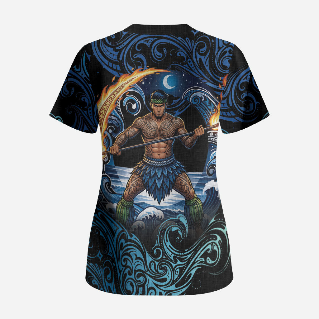 Samoa Siva Afi Scrub Top Fireknife Fire Dance Pacific Tribal Motif