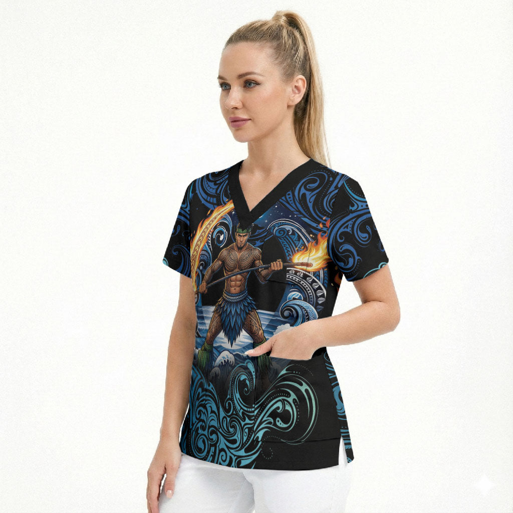 Samoa Siva Afi Scrub Top Fireknife Fire Dance Pacific Tribal Motif