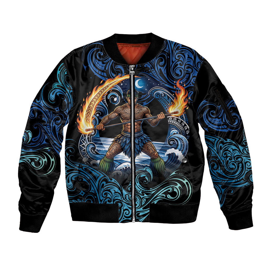 Samoa Siva Afi Sleeve Zip Bomber Jacket Fireknife Fire Dance Pacific Tribal Motif