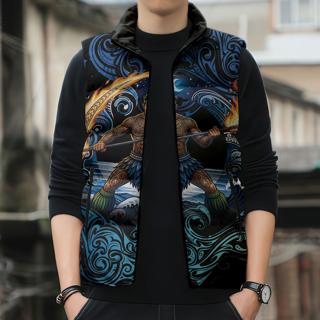 Samoa Siva Afi Sleeveless Puffer Jacket Fireknife Fire Dance Pacific Tribal Motif