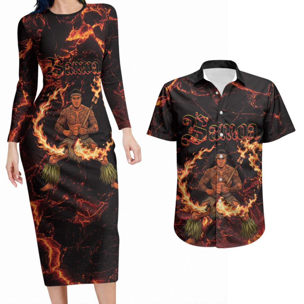 Samoa Siva Afi Dance Fireknife Couples Matching Long Sleeve Bodycon Dress and Hawaiian Shirt Polynesian Heritage Fire Dance