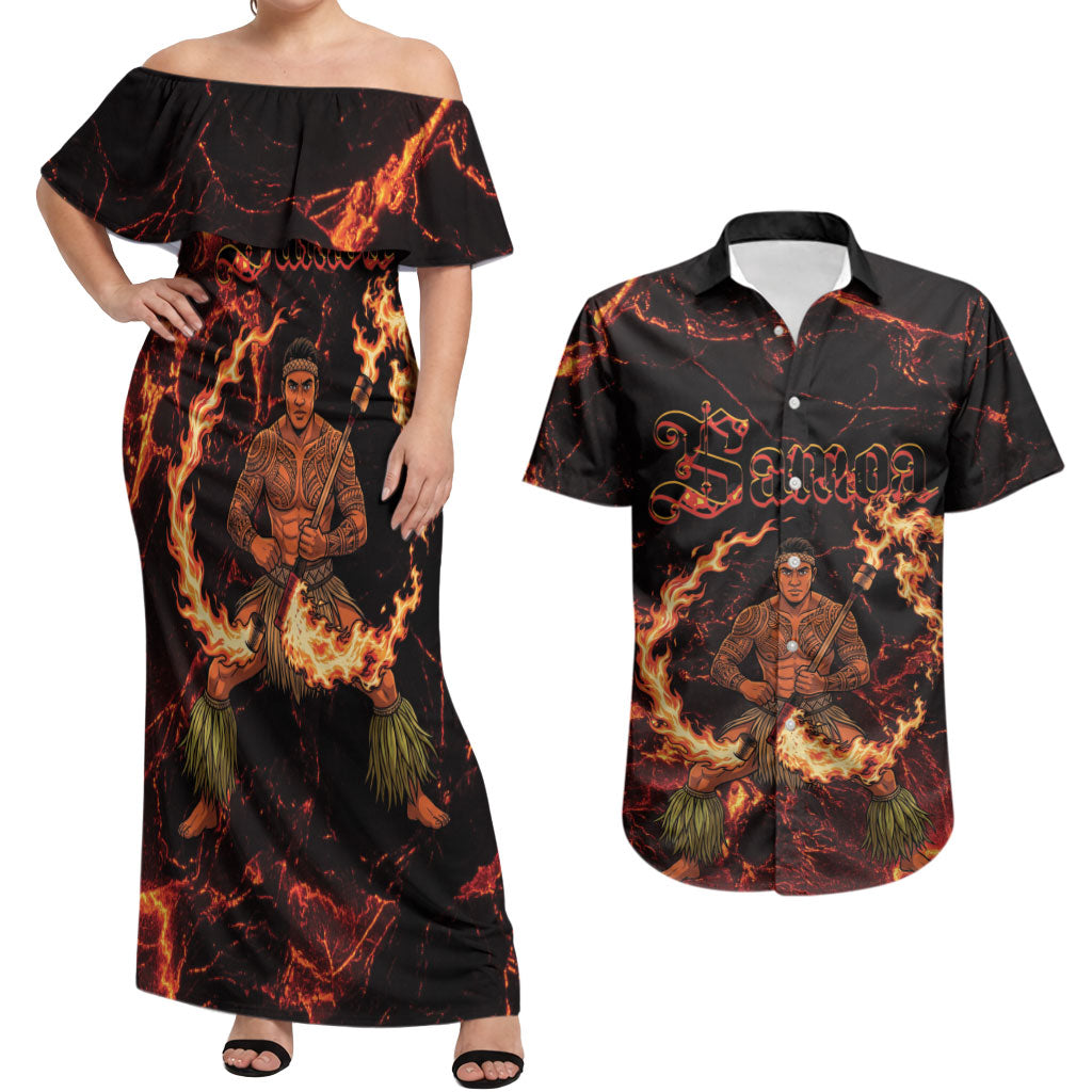 Samoa Siva Afi Dance Fireknife Couples Matching Off Shoulder Maxi Dress and Hawaiian Shirt Polynesian Heritage Fire Dance