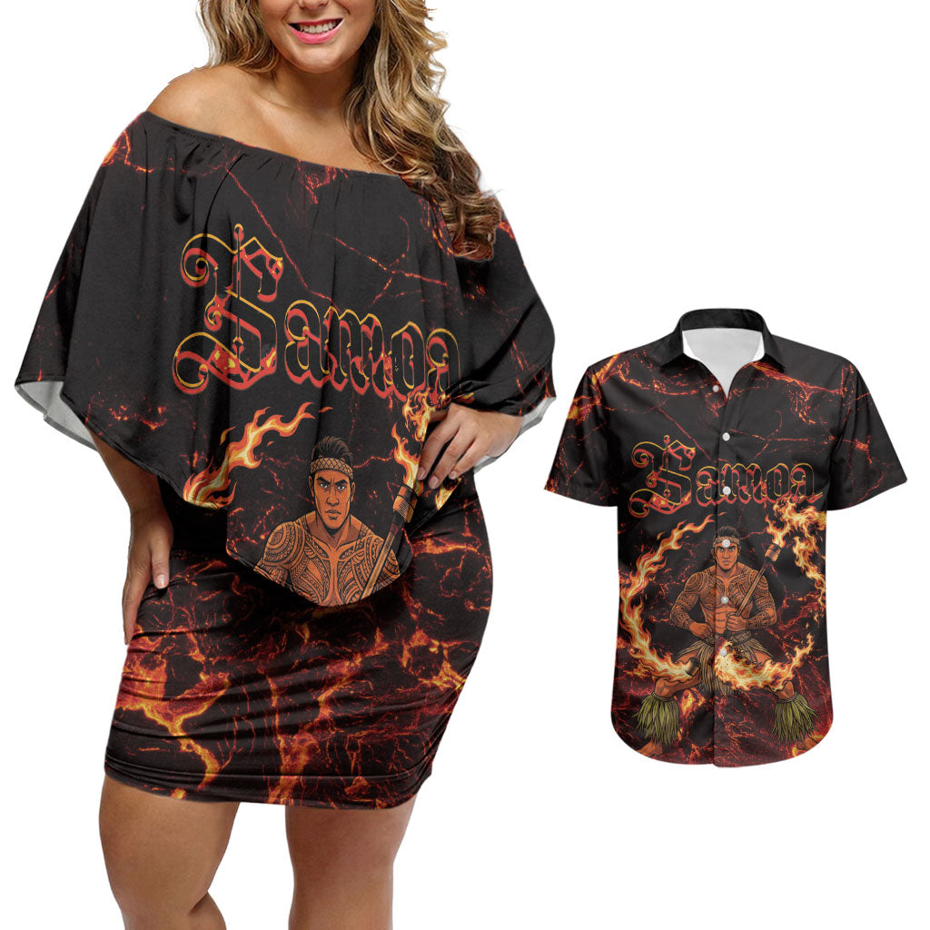 Samoa Siva Afi Dance Fireknife Couples Matching Off Shoulder Short Dress and Hawaiian Shirt Polynesian Heritage Fire Dance