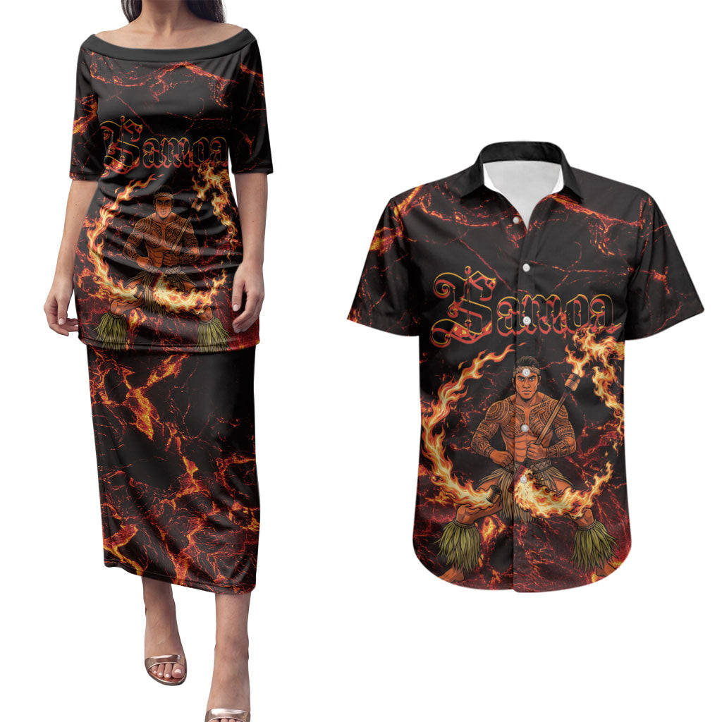 Samoa Siva Afi Dance Fireknife Couples Matching Puletasi and Hawaiian Shirt Polynesian Heritage Fire Dance LT9 Black - Polynesian Pride