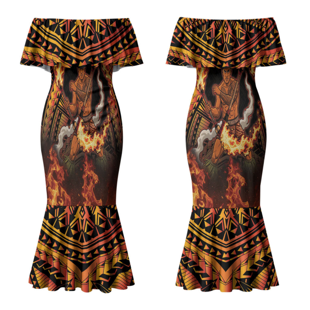 Samoa Siva Afi Dance Fireknife Couples Matching Mermaid Dress and Hawaiian Shirt Samoan Tribal Motif Dancing in the Fire