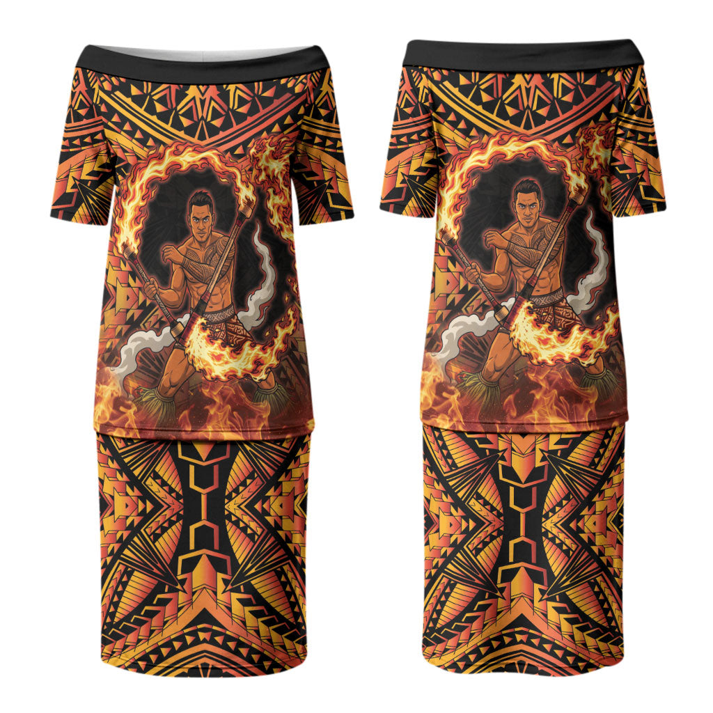 Samoa Siva Afi Dance Fireknife Couples Matching Puletasi and Long Sleeve Button Shirt Samoan Tribal Motif Dancing in the Fire