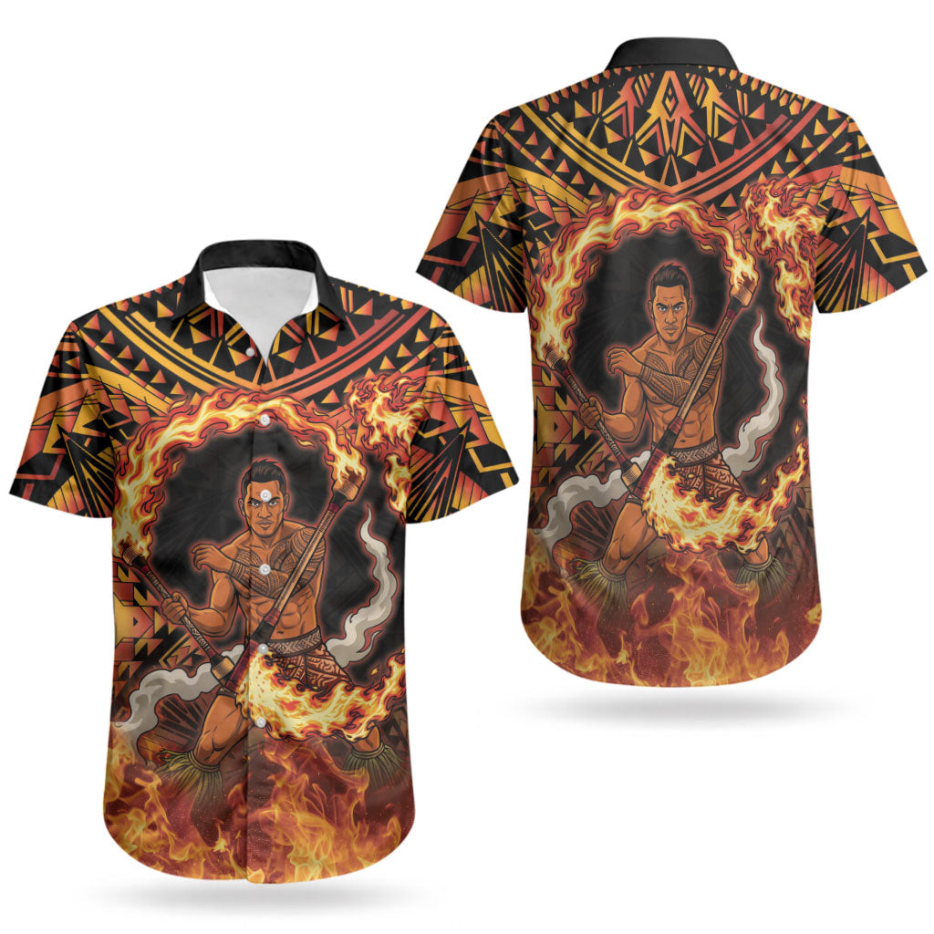 Samoa Siva Afi Dance Fireknife Couples Matching Summer Maxi Dress and Hawaiian Shirt Samoan Tribal Motif Dancing in the Fire