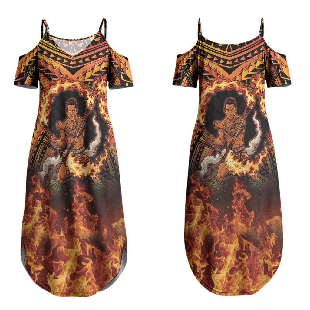 Samoa Siva Afi Dance Fireknife Couples Matching Summer Maxi Dress and Hawaiian Shirt Samoan Tribal Motif Dancing in the Fire