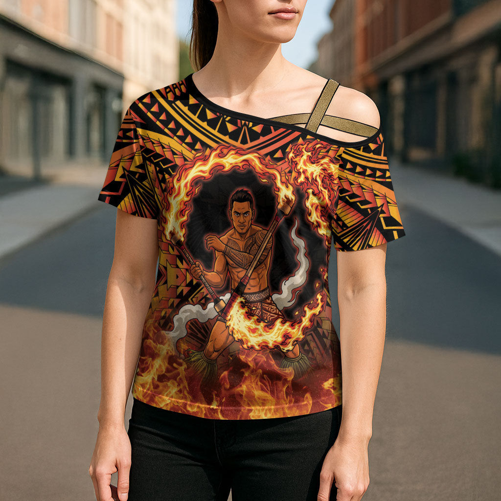 Samoa Siva Afi Dance Fireknife Cross Shoulder Shirt Samoan Tribal Motif Dancing in the Fire LT9 - Polynesian Pride